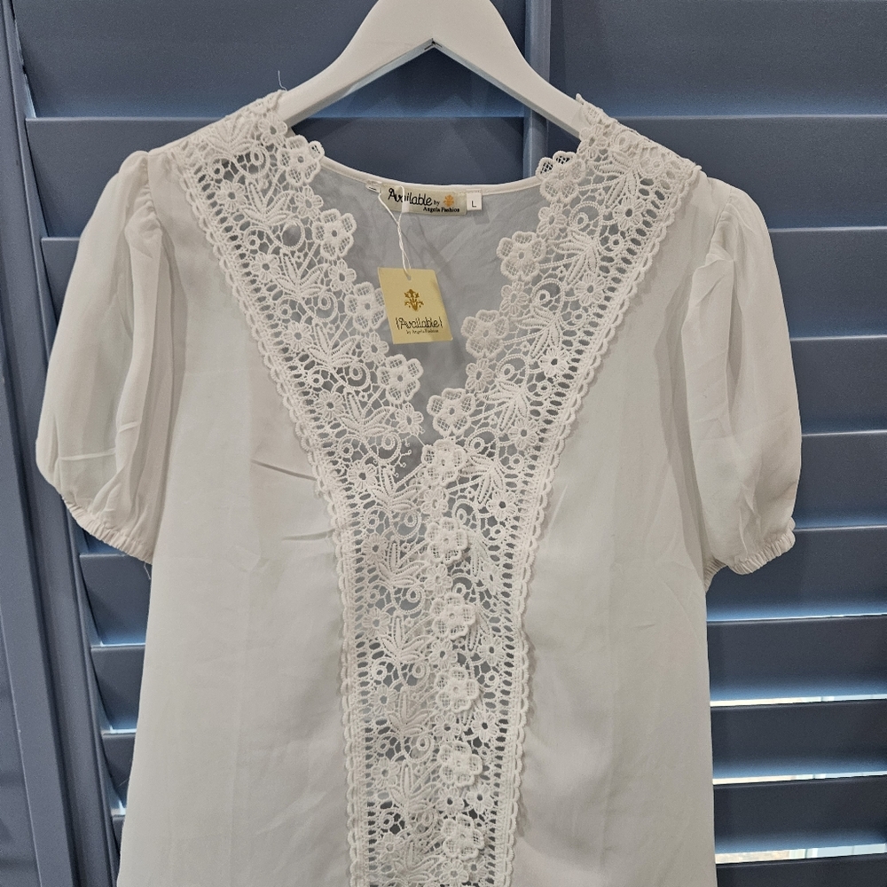 Summer Lace White Floral Tops for Women Size L